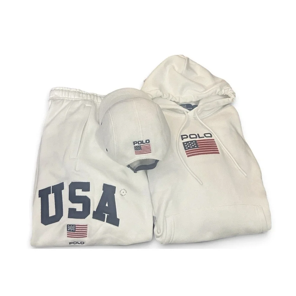 Polo Ralph Lauren Flag Fleece Hoodie White Pants & Hat  USA Embroidered Men's 3P